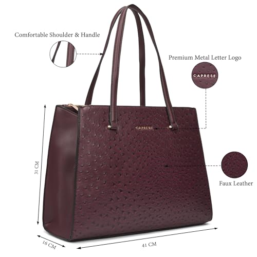 Caprese Britney Large 15.6 Laptop Compatible Tote Bag for Women | Animal Texture Faux Leather Shoulder Handbag | Spacious Office & Travel Bag | Dual Zipper & Magnetic Button Closure (Cherry Lacquer)