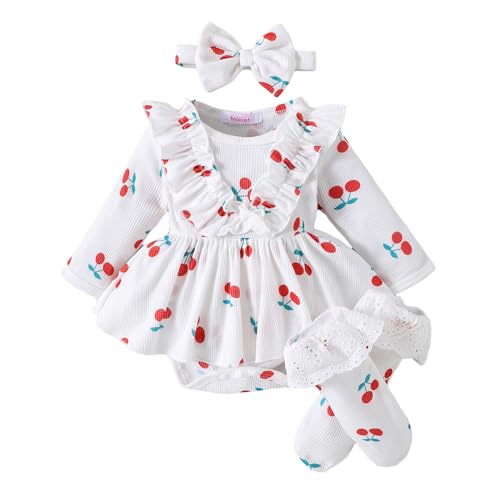 Hopscotch Girls Full Sleeves White Cherry Pattern Frill Neck Bodysuit (1-3 Months)
