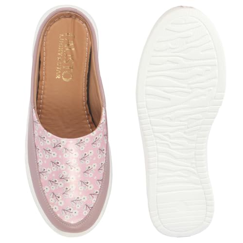 FAUSTO FST FJDWC-7020 PEACH-38 Women's Peach Stiched Floral Print Back Open Height Enhancer Flatform Heel Slip On Casual Shoes (5 UK)