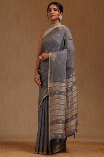 Soch Womens Blue Linen Woven Design Saree