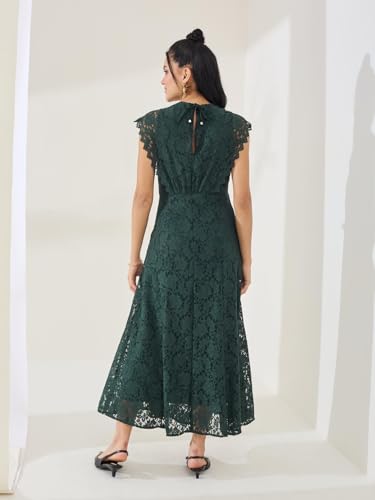 Latin Quarters Women's Green Cap Sleeve V-Neck Party A-Line Dress_M