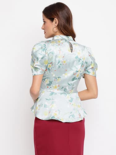 Latin Quarters Women Green Tie Neck Half Sleeve Floral Top for Casual Wear_M