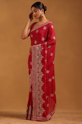 Soch Womens Fuchsia Fendy Georgette Ethnic Motifs Saree With Zari Embroidery and stone work