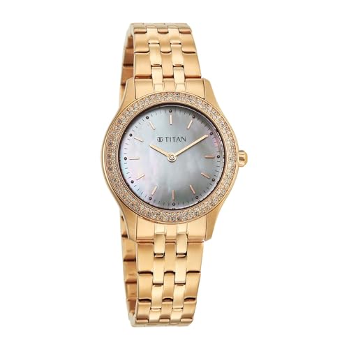 Titan Glamour Quartz Analog White Mother of Pearl Dial Rose Gold Stainless Steel Strap Watch for Women