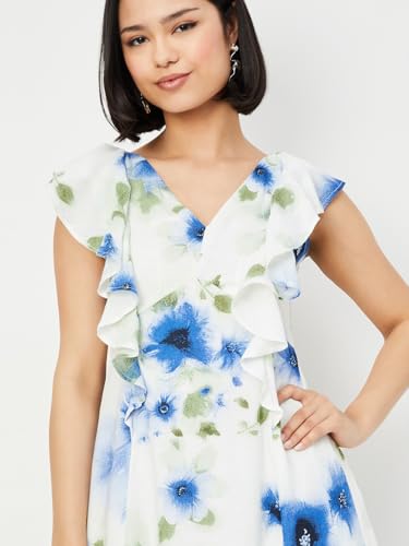 Max Women Floral Print A-line Midi Dress(White_M)