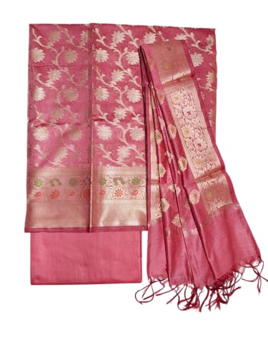 Ivikta Women's Banarasi Cotton Silk Unstitched Salwar Suit Set with Dupatta | Handloom banarasi dress material (Peach 1)