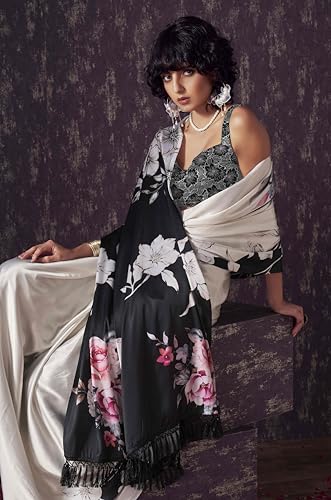 Womanista Women's Satin Two Way Floral Black Saree With Un-stitched blouse