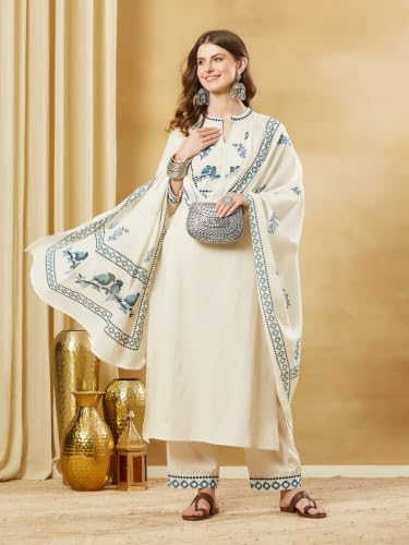 Divena Off White Cotton Flex Embroidered Kurta Sets with Dupatta