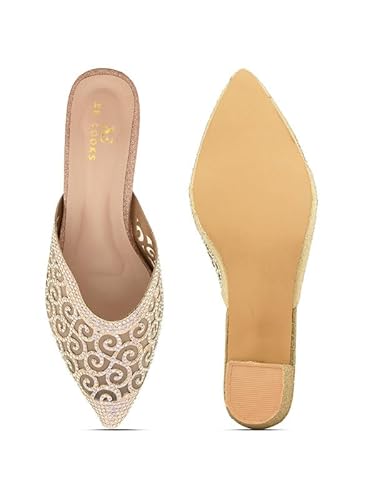 XE Looks Women's Gold Embellished & Stylish Block Heel Mules | Pointed Toe Slip-On with Intricate Rhinestone Design |Fancy & Charm Block Heels For Girls & Women
