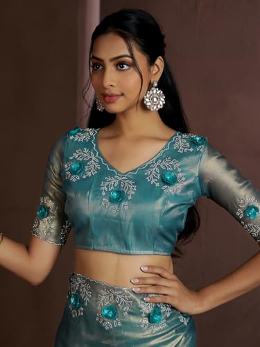 SAREE MALL Women's Teal blue Organza Embellished Saree With Unstitched Blouse (MAHEK926E_MK)
