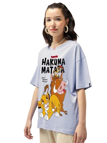 Bewakoof Official Disney Merchandise Hakuna Matata Women's Graphic Printed Oversized Fit Half Sleeve Round Neck Cotton T-Shirt_657328_Purple_3XL