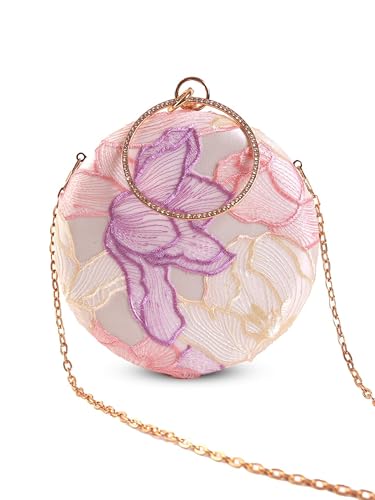 THE TAN CLAN Pink Floral Embroidered Clutch Purse For Women Stylish Bridal Handbag Round Designer Clutch Bag For Women Wedding Ethnic Fancy Purse With Chain And Metal Handle Luxury