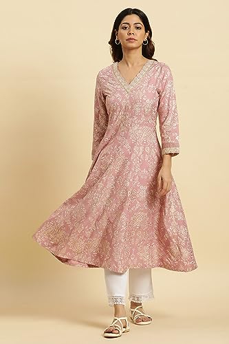 W for Woman Pink Floral Foil Printed Flared Kurta (Size: 2XL)-23AUW19799-119500