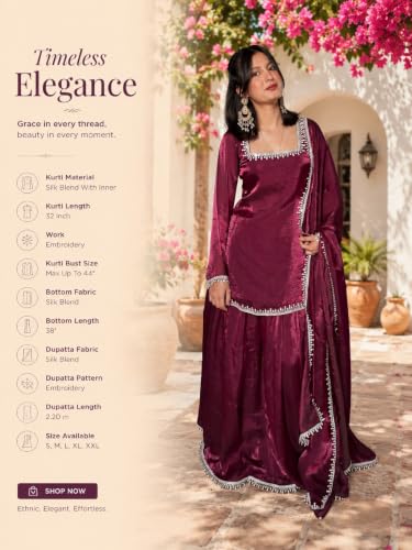 Women's Wine Kurti With Sharara And Dupatta, Silver Lace Border