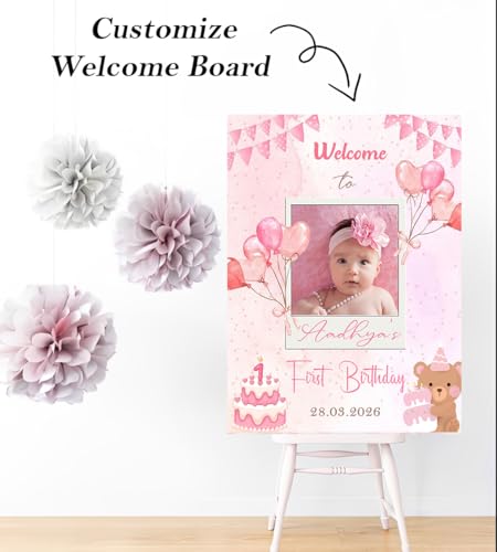 Party Perfect Designs Customizable 1st Birthday Welcome Sign for Girls - Pink Watercolor Balloons & Teddy Bear Design - Personalized Birthday Party Entrance Board with Photo - Pink, Vinyl Pasted, 4 Sizes, First Birthday Theme