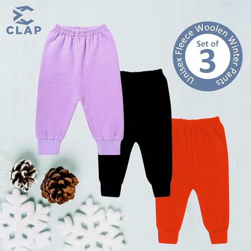 CLAP Unisex Baby Winter Warm Pants Kids Fleece Pajamas Leggings Set of 3 (3-4 Years, Purple Black Red)