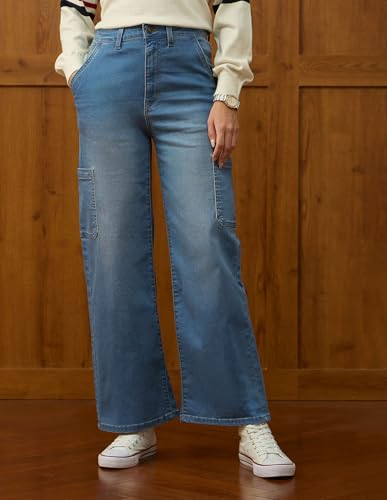 U.S. POLO ASSN. High Rise Wide Leg Cargo Jeans (UWAW25JEN374_Mid Blue Khaki Tint_32)