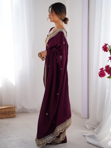 AKHILAM Women's Purple Vichitra Silk Embellished Saree With Unstitched Blouse Piece (RADHA5002_RX)