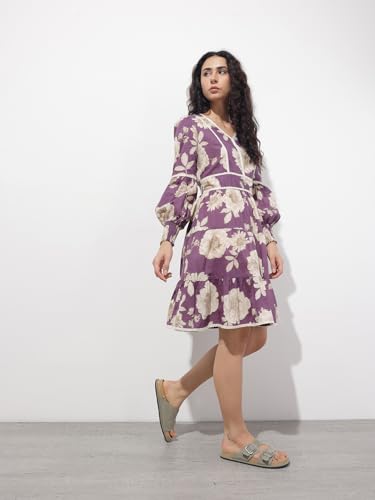 Divena Purple V-Neck Midi Cotton Dress-DK2313