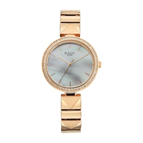 Titan Raga Allure with White Mother of Pearl Dial Rose Gold Brass Solid Link Strap Watch for Women - 2787WM01