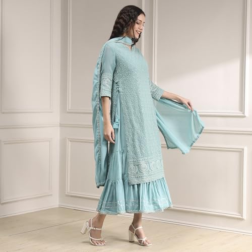 Biba Women's Cotton Blend Embroidered Straight Kurta (SKDMWR10867AW25POBL_Powder Blue