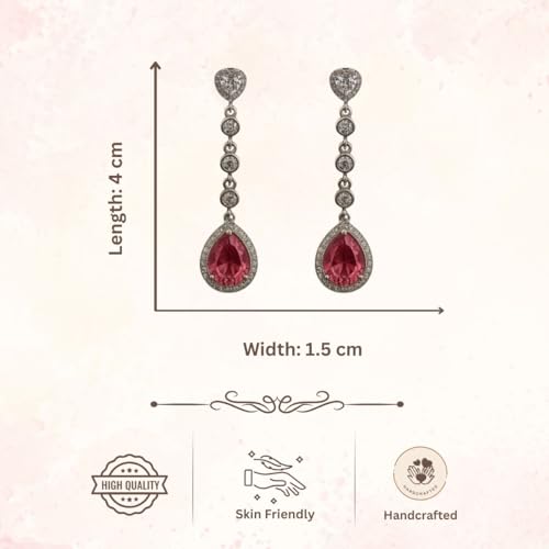 ACCESSHER Silver-Tone Teardrop Dangle Earrings Set | Studded American-Diamond Earrings with Heart-Shape | Lightweight Earrings for Girls and Women (Pink)