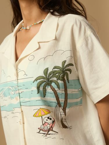 The Souled Store Peanuts: The Beach Women and Girls Short Sleeve Cuban Collar Off White Graphic Printed Cotton Regular Fit Breathable Resort Collar Shirt for Casual Wear