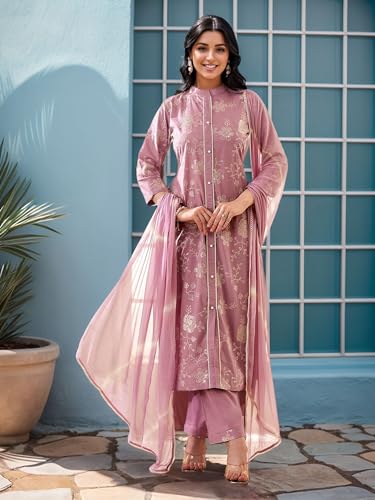 V4M Women's Lavender Pure Cotton Embroidered Floral Printed Straight Kurta Set With Dupatta