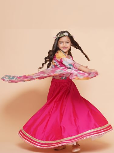 Bitiya by Bhama Girls Pink Floral Print Top & Shrug With Ready to wear Skirts