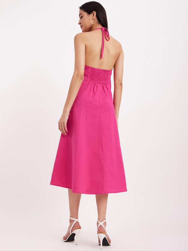 FableStreet Linen Princess Line Dress - Fuchsia