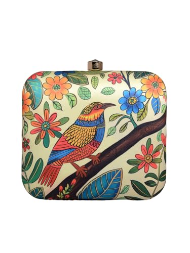 Artklim Beige Based Bird Printed Clutch