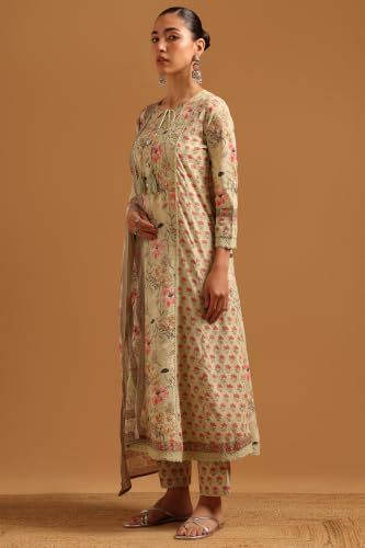 Soch Womens Light Green Cotton Digital Printed Botanical Lace-Detail Salwar Suit