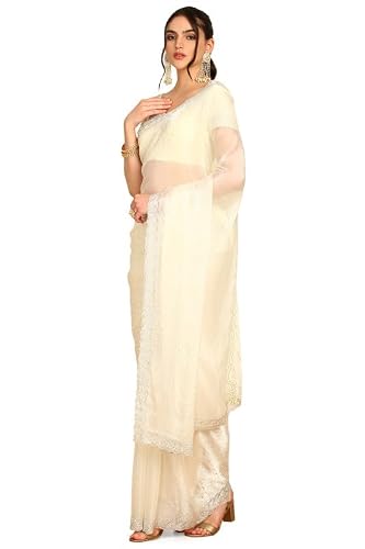 Soch Womens Cream-Coloured Stone Embellished Organza Saree