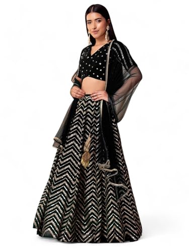 Zeel Clothing Women's Sequins Zari Embroidered Georgette Designer Lehenga Choli with Dupatta (7094-Black-Womens-Lehenga-Choli-Latest; Free Size) (Black)