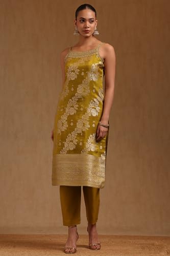 Soch Womens Light Green Brocade Floral Salwar Suit With Cutwork And Mirror