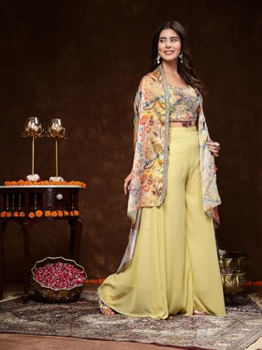 Stylum Women's Printed Party Wear Georgette Palazzo & Blouse with Jacket (PCJPOTTERBEIGE38_Beige, M)