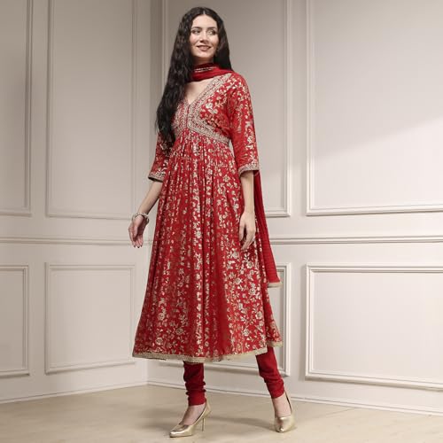 Biba Women's Red Cotton Anarkali Printed Suit Set