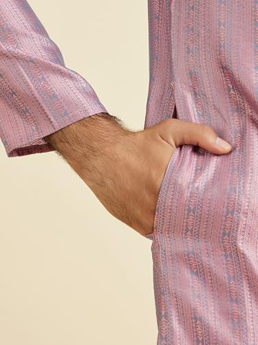 Manyavar Men's Art Silk Textured Neckline Embroidered Kurta Pyjama Set(Pink,M)