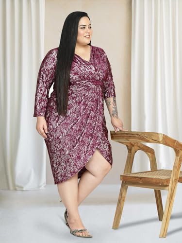 wild U Women Plus Size Cocktail Dress | Wrap | Pleated | Stretchable | Western Stylish - Wine Silver - 7XL