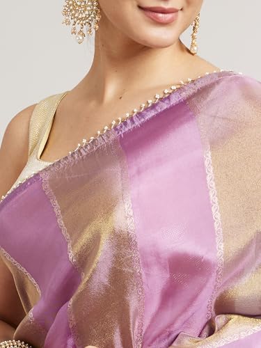 MOHEY Women's Georgette Paisley Pattern Pearl Border Saree(Purple)