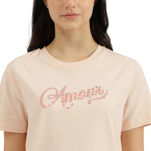 United Colors of Benetton Round Neck Embroidered T-Shirt (Size: L)-25P3099W3F06IP13 Peach