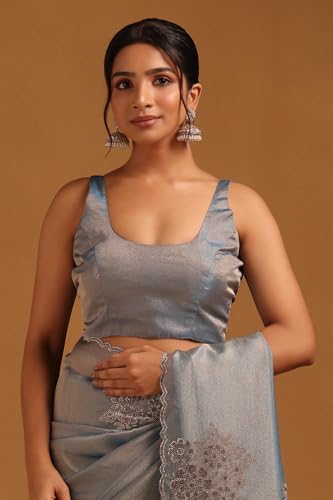 Soch Womens Blue Tissue Floral Saree With Stone Work