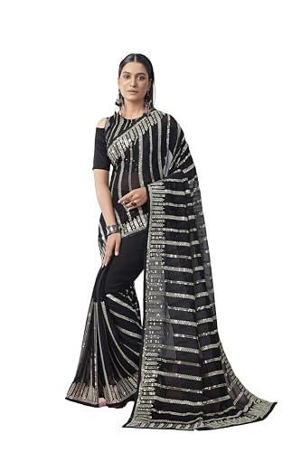 ORHANS Women's Georgette All-Over Fix Diamond Work Saree With Solid Printed And Art Silk Matching With Unstitched Blouse Piece |Saree For Office & College Party