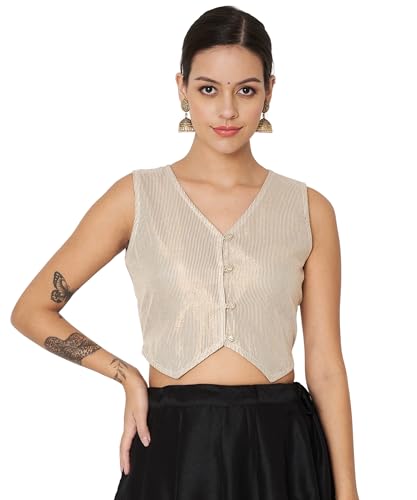studio rasa Women's Shimmer Stripe Button Down Tops for Wedding Festive Party (TPWC52462M_Gold_Medium)