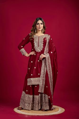 Brulry Women's Red Embroidered Chinnon Silk Kurta with Palazzo & With Dupatta