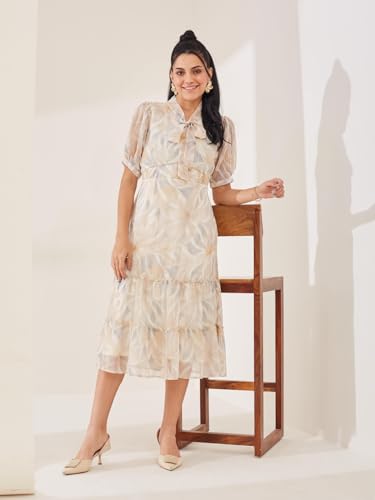 Latin Quarters Women's Beige Printed Half Sleeves Tie-Up Casual Fit & Flared Dress_S