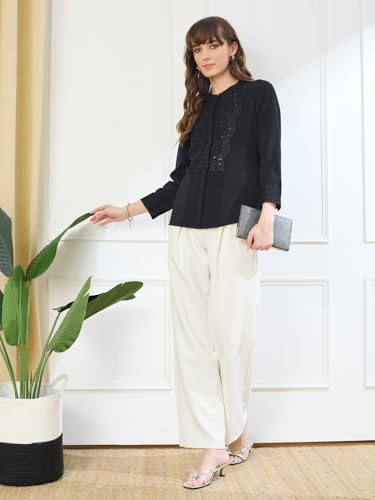 Latin Quarters Women's Black 3/4th Sleeves Mandarin Neck Casual Embellished Tunic_L