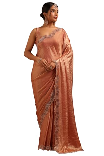 Soch Womens Peach Fendy Organza Saree With Swarovski Stone