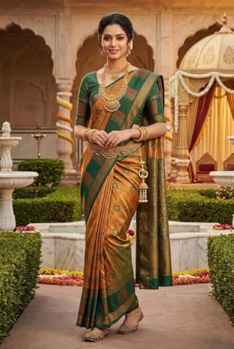 SREE KUMARAN Women's Kanchipuram Kubera Brocade Silk Pure Pattu Sarees With Blouse