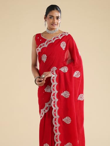 AKHILAM Women's Red Vichitra Silk Ethnic Motif Embellished Saree With Unstitched Blouse Piece (ANIKA2402_AG)